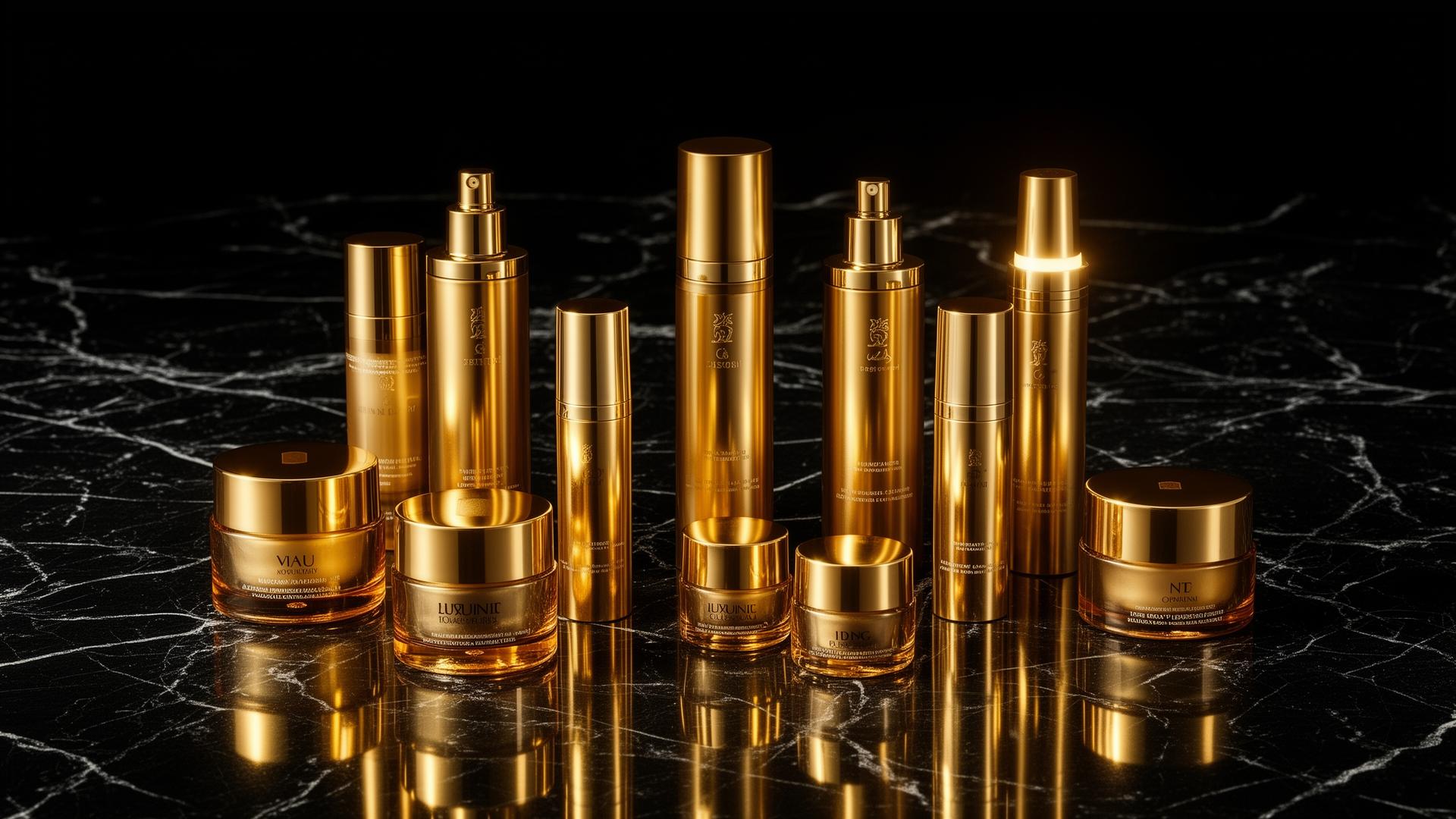 Dr. Aida Gold skincare line on marble shelf